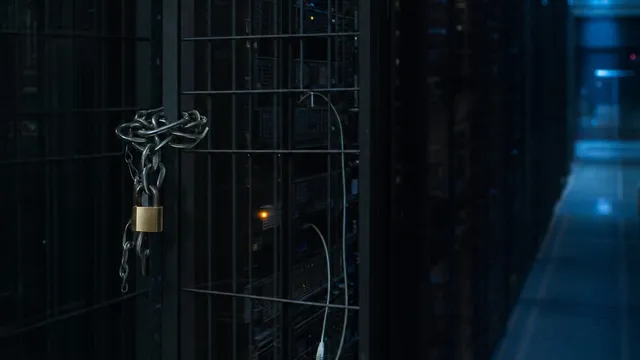 A dark data-centre aisle with a caged server rack secured by a heavy chain and brass padlock, a single amber status light glowing inside and one loose network cable hanging beside it, lit in cold blue.