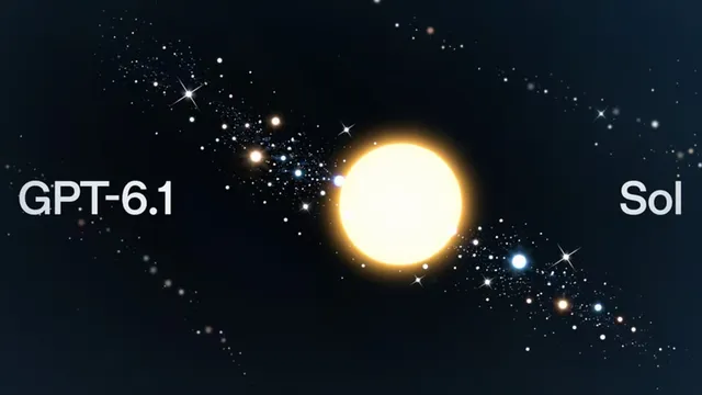OpenAI's GPT-6.1 Sol launch artwork: a glowing yellow sun at the centre of a dark starfield, with the words GPT-6.1 on the left and Sol on the right.