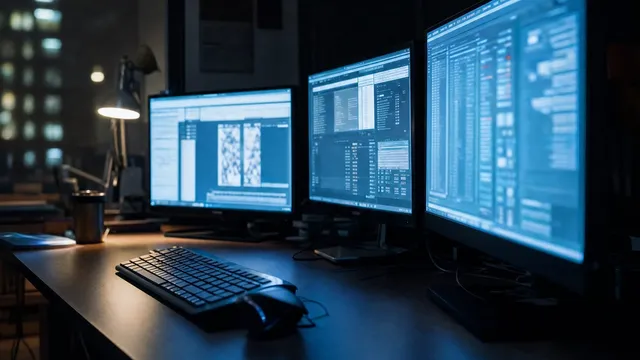Three computer monitors glow in a dark empty office, their interface panels indistinct, with an untouched keyboard and mouse on the desk in front of them.