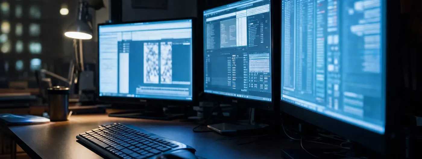 Three computer monitors glow in a dark empty office, their interface panels indistinct, with an untouched keyboard and mouse on the desk in front of them.