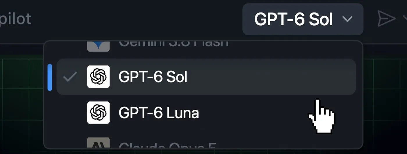 A GitHub Copilot chat model picker dropdown, open over a dark green grid background, with GPT-6 Sol selected at the top and GPT-6 Luna listed just below it.