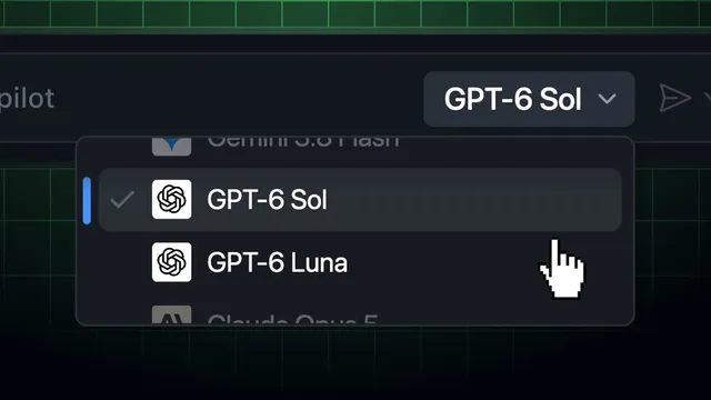 A GitHub Copilot chat model picker dropdown, open over a dark green grid background, with GPT-6 Sol selected at the top and GPT-6 Luna listed just below it.
