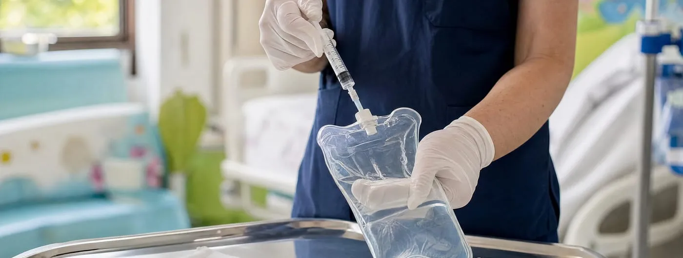A clinician's gloved hands preparing an IV infusion bag and syringe on a stainless steel tray, in a softly out-of-focus pediatric hospital treatment room.