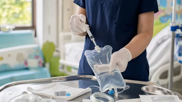 A clinician's gloved hands preparing an IV infusion bag and syringe on a stainless steel tray, in a softly out-of-focus pediatric hospital treatment room.