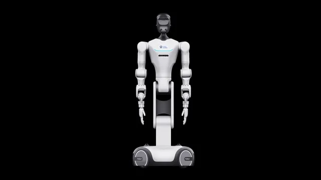 A white humanoid robot torso with two articulated arms and five-fingered hands, mounted on a wheeled base, photographed against a plain black background.