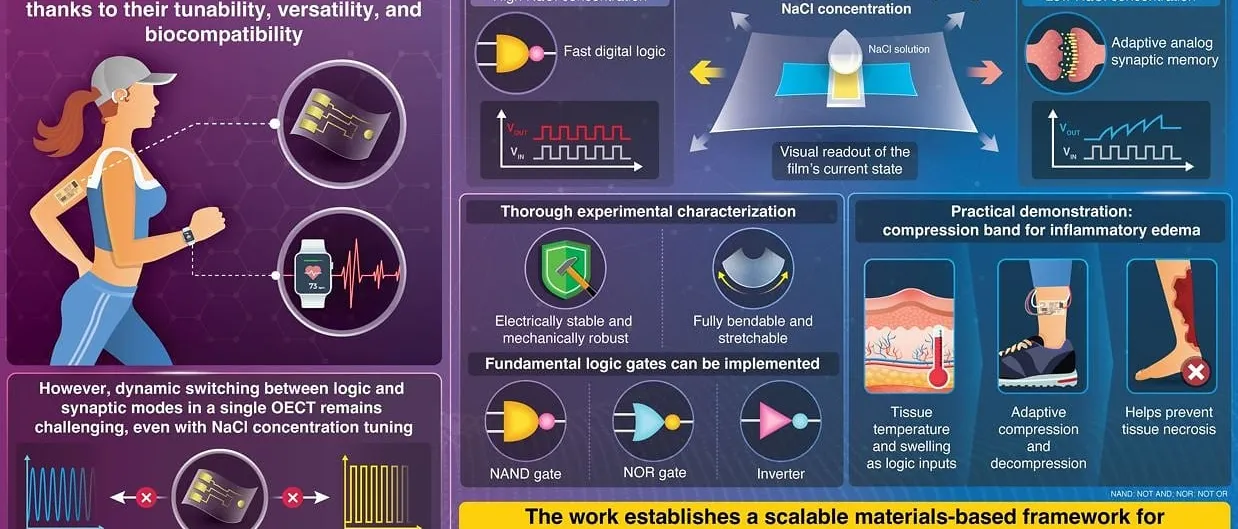 A university infographic titled "A New Adaptive Platform for Wearable Bioelectronics", showing a runner wearing a skin patch and a smartwatch, panels contrasting fast digital logic at high salt concentration with adaptive analog synaptic memory at low, NAND, NOR and inverter gate symbols, and a leg wearing a compression band.