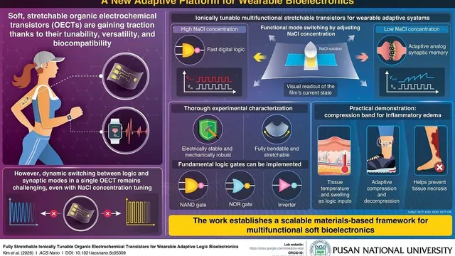A university infographic titled "A New Adaptive Platform for Wearable Bioelectronics", showing a runner wearing a skin patch and a smartwatch, panels contrasting fast digital logic at high salt concentration with adaptive analog synaptic memory at low, NAND, NOR and inverter gate symbols, and a leg wearing a compression band.