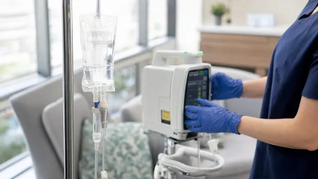 Photorealistic close-up of an IV infusion bag and pump with a nurse's gloved hands adjusting the pump controls, in a bright clinical room.