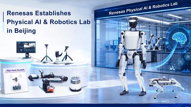 A white humanoid robot stands beside a four-legged robot in a bright laboratory, with development boards, a robotic arm and camera rigs displayed on plinths.