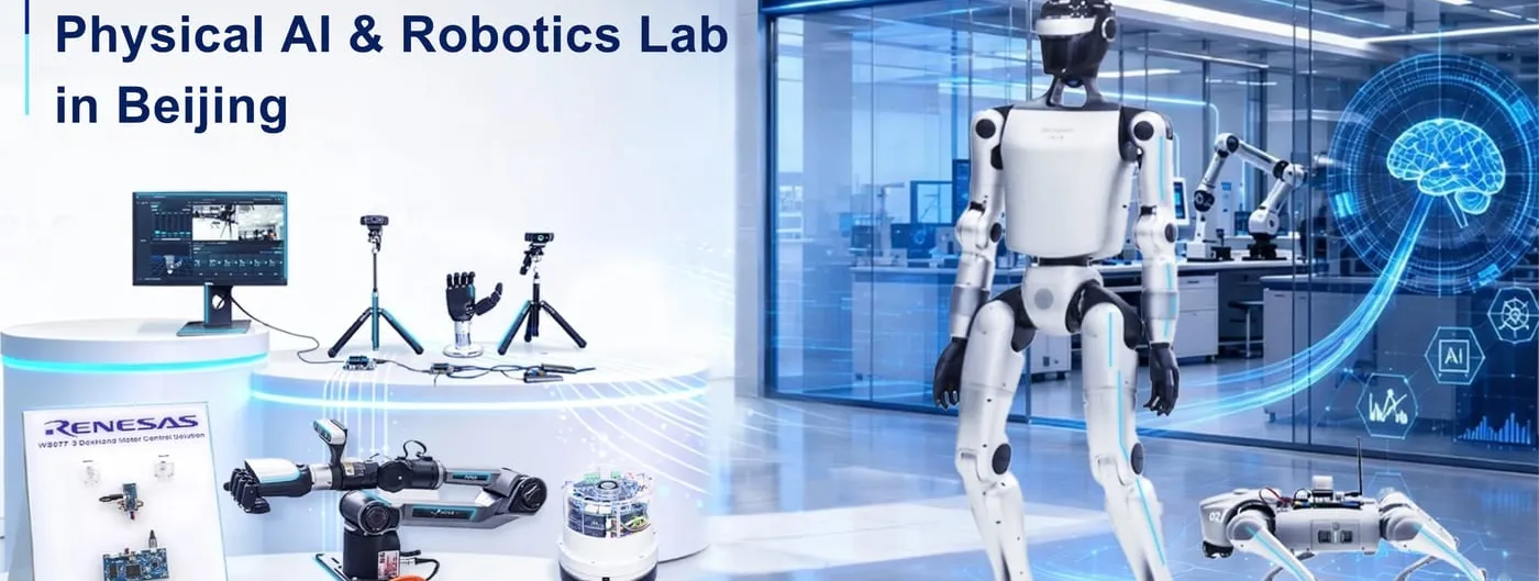 A white humanoid robot stands beside a four-legged robot in a bright laboratory, with development boards, a robotic arm and camera rigs displayed on plinths.