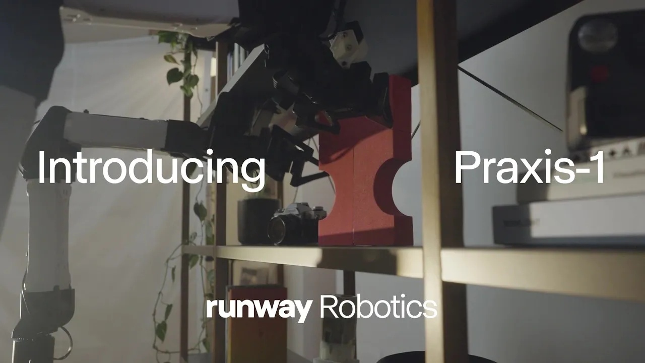 A white robot arm with a black gripper reaches toward a red block on a dim shelf beside a camera and a potted plant, with the words Introducing Praxis-1 and runway Robotics over the frame.
