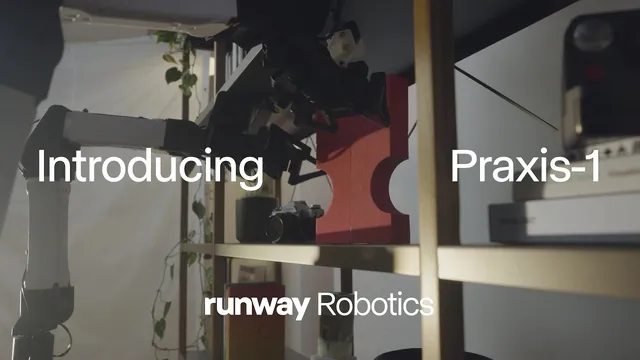 A white robot arm with a black gripper reaches toward a red block on a dim shelf beside a camera and a potted plant, with the words Introducing Praxis-1 and runway Robotics over the frame.