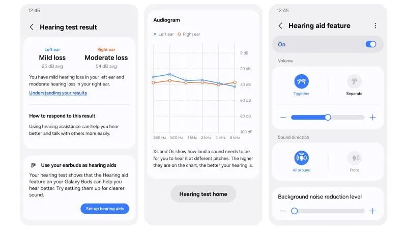 Three phone screens side by side: a hearing test result reporting mild loss in the left ear at 26 dB and moderate loss in the right at 54 dB, an audiogram plotting both ears from 250 Hz to 8 kHz, and a Hearing aid feature panel switched on with volume and background-noise sliders.