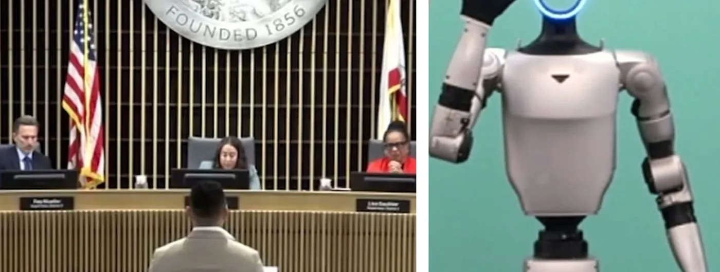 A split frame: on the left, three officials seated beneath a county seal reading FOUNDED 1856 as a man addresses them from a podium; on the right, a white humanoid robot with a glowing blue face ring raising one gloved hand.