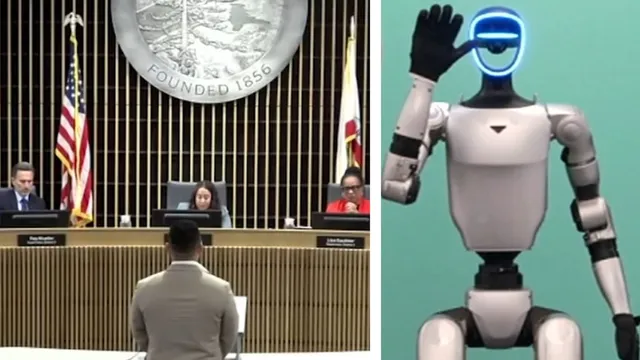 A split frame: on the left, three officials seated beneath a county seal reading FOUNDED 1856 as a man addresses them from a podium; on the right, a white humanoid robot with a glowing blue face ring raising one gloved hand.