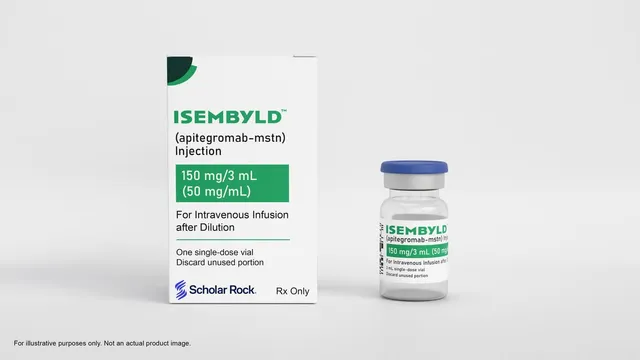A carton and a glass vial of Scholar Rock's ISEMBYLD injection stand side by side on a white studio background, labelled as an illustration rather than an actual product photograph.