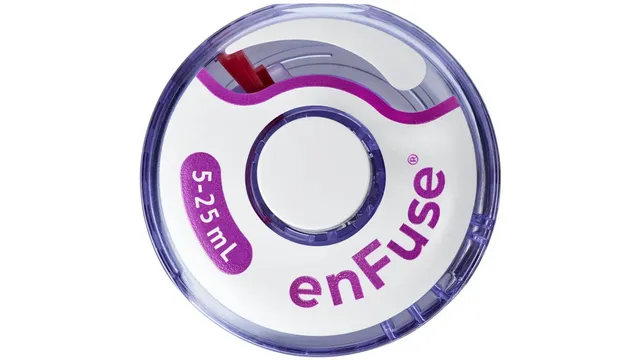Product photograph of the purple-and-white enFuse wearable subcutaneous injection device used to deliver SER-252, seen from above with its capacity label and release tab visible.