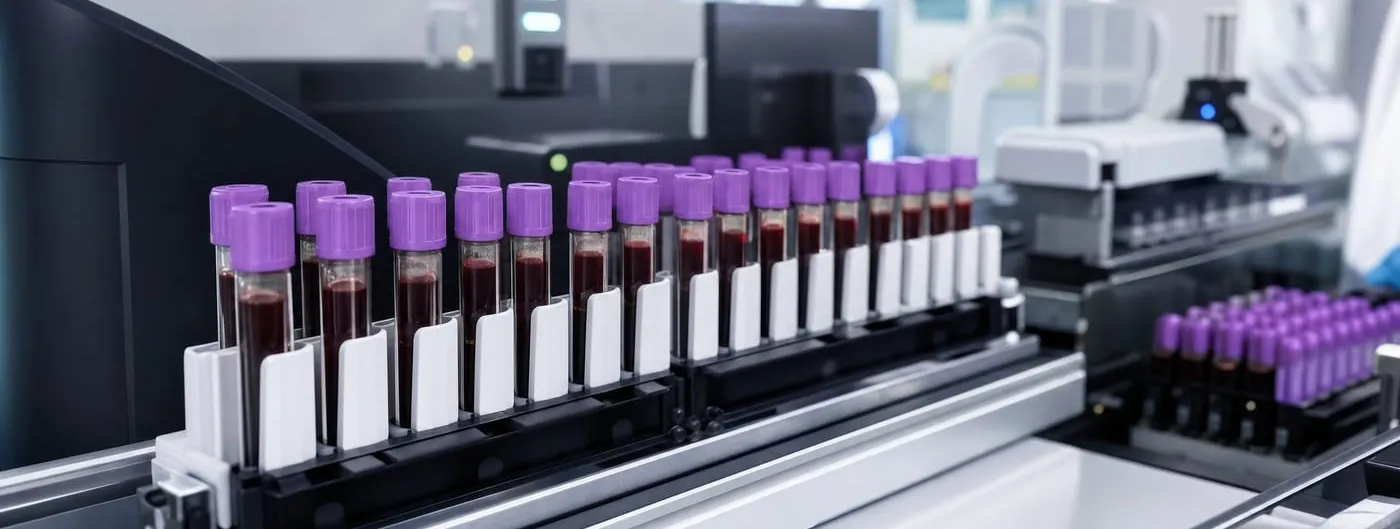 A rack of blood collection tubes with purple caps sits on the conveyor track of an automated clinical analyser in a diagnostics laboratory.