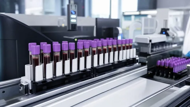 A rack of blood collection tubes with purple caps sits on the conveyor track of an automated clinical analyser in a diagnostics laboratory.