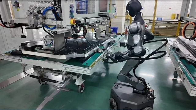 A grey Spirit AI Moz1 wheeled humanoid robot reaches into a CATL battery-pack conveyor line, its dexterous hand working among cables amid factory machinery on a teal factory floor.