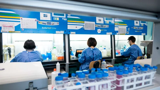 Three researchers in blue protective gowns work with cell samples inside a row of biosafety cabinets in a gene-therapy cell-processing laboratory, seen from behind with no faces visible.