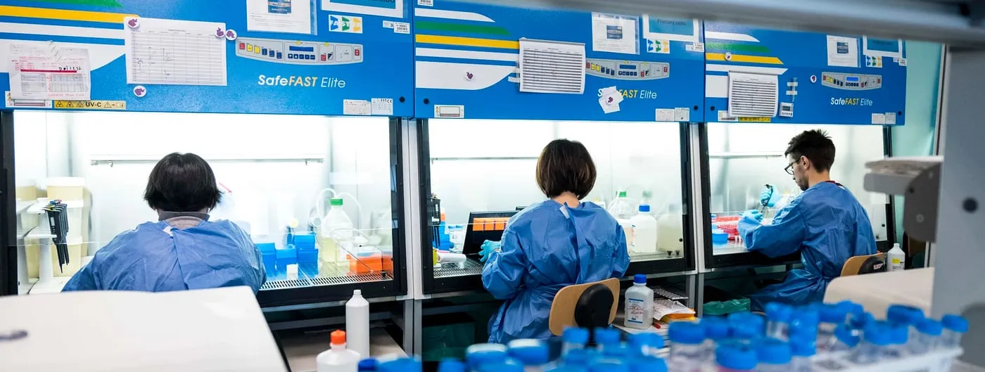 Three researchers in blue protective gowns work with cell samples inside a row of biosafety cabinets in a gene-therapy cell-processing laboratory, seen from behind with no faces visible.