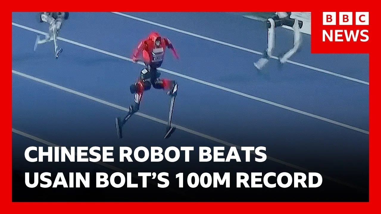 Seen from above, a red and black humanoid robot runs down a blue track lane with both feet off the ground, a second robot trailing in the lane behind, under a caption reading that a Chinese robot beat Usain Bolt's 100m record.