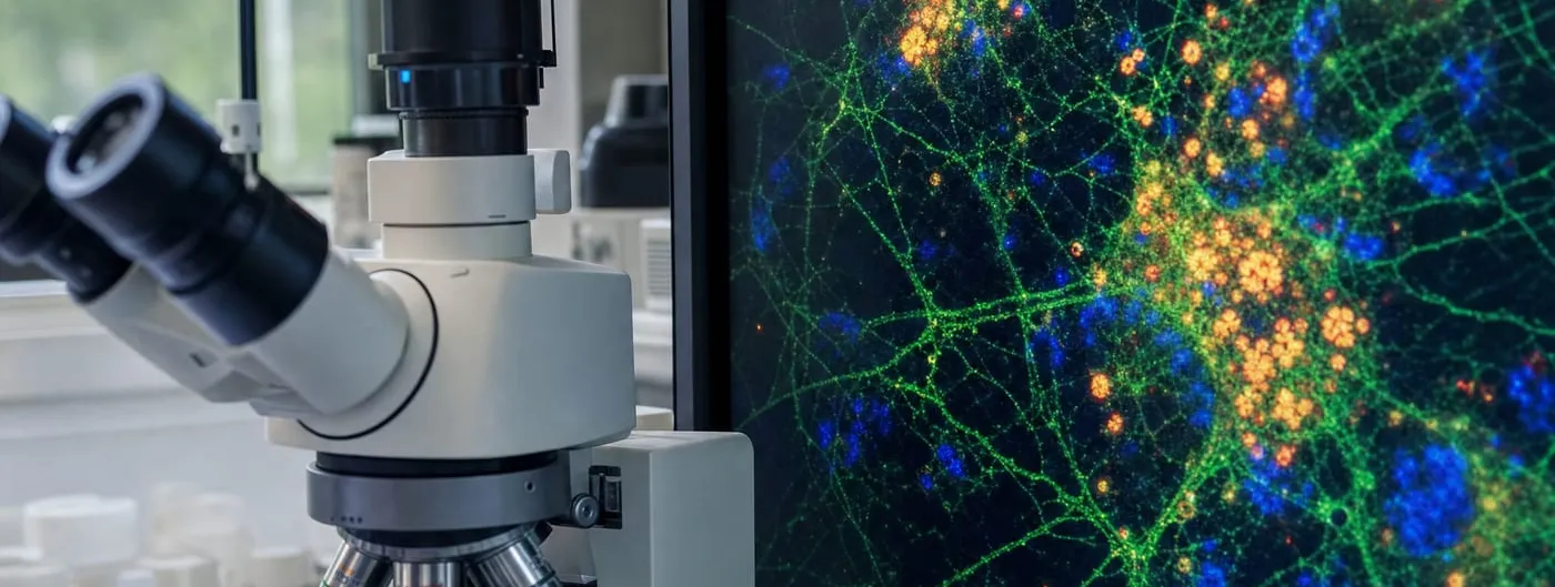 Gloved hands adjust a lab microscope beside a monitor displaying a fluorescence micrograph of glowing orange protein clusters clumped along a green neural network dotted with blue nuclei.