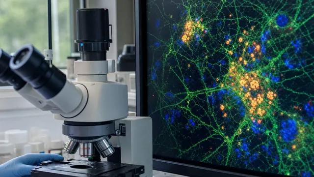 Gloved hands adjust a lab microscope beside a monitor displaying a fluorescence micrograph of glowing orange protein clusters clumped along a green neural network dotted with blue nuclei.