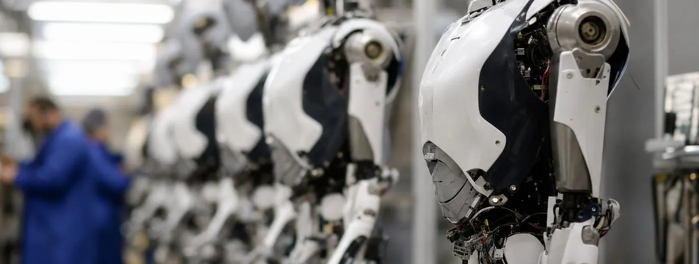 A row of partly assembled full-size humanoid robot bodies stands on service fixtures in a brightly lit factory, technicians blurred in the background.