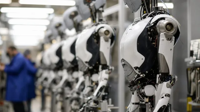 A row of partly assembled full-size humanoid robot bodies stands on service fixtures in a brightly lit factory, technicians blurred in the background.