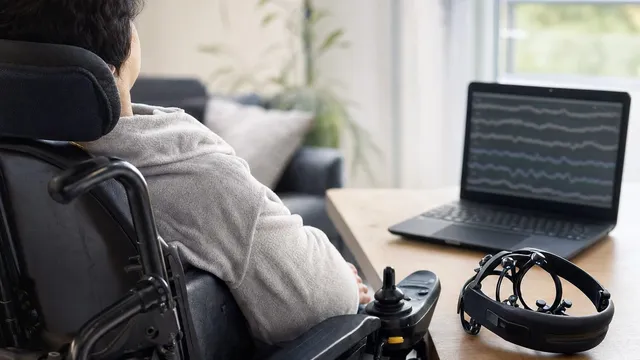 A person seated in a powered wheelchair, seen from behind, faces a laptop showing abstract brain-signal waveforms, with a wireless EEG headset resting on the desk beside it.