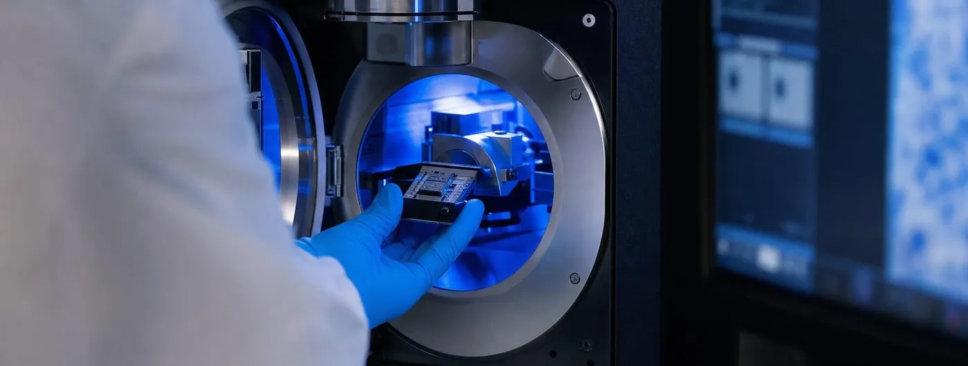 A gloved hand slides a specimen grid cassette into the blue-lit airlock of a cryo-electron microscope, with a monitor showing micrographs alongside.