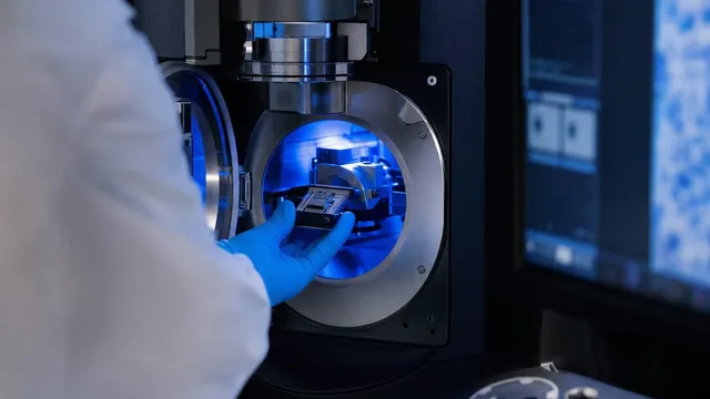 A gloved hand slides a specimen grid cassette into the blue-lit airlock of a cryo-electron microscope, with a monitor showing micrographs alongside.