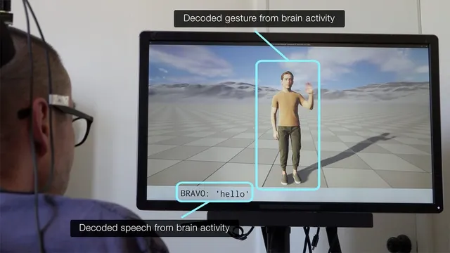 A study participant with an implanted electrode cable running from his head watches a monitor as a full-body virtual avatar raises its arm and displays the caption BRAVO: 'hello', with on-screen labels reading Decoded gesture from brain activity and Decoded speech from brain activity.