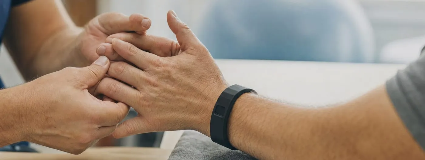 Close-up of a therapist hands guiding a patient fingers during a hand therapy session, the patient wearing a slim black wristband sensor, in a bright rehabilitation clinic with a blue exercise ball behind.