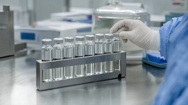 A stainless steel rack holding eight small unlabelled glass vials of colourless liquid on a steel bench, with a white-gloved hand reaching in to steady one of them and blurred cleanroom equipment behind.