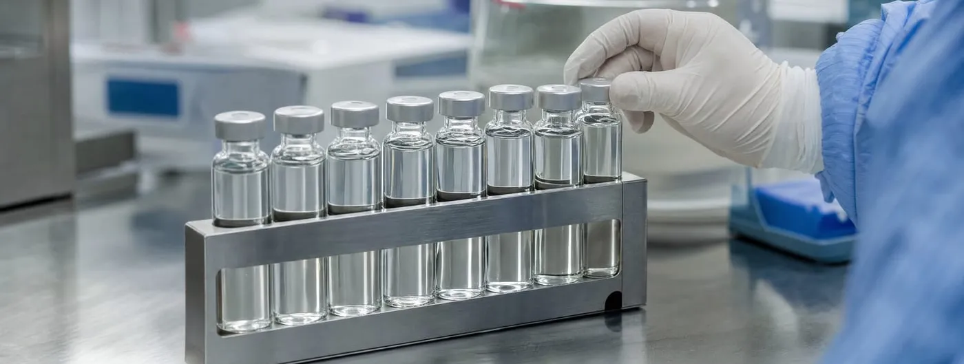 A stainless steel rack holding eight small unlabelled glass vials of colourless liquid on a steel bench, with a white-gloved hand reaching in to steady one of them and blurred cleanroom equipment behind.
