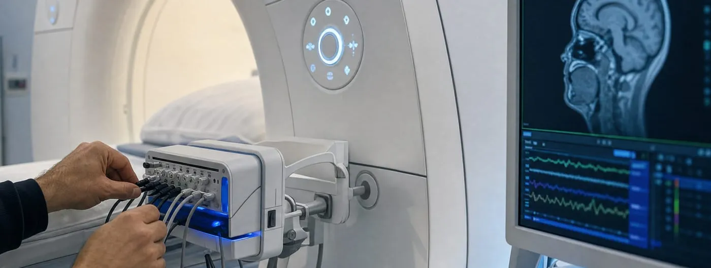 A technician's hands connect cabling to a compact electrode interface unit mounted at the entrance of an MRI scanner bore, with a brain scan and waveform traces displayed on a monitor beside it.