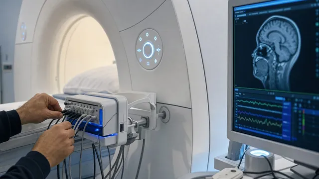 A technician's hands connect cabling to a compact electrode interface unit mounted at the entrance of an MRI scanner bore, with a brain scan and waveform traces displayed on a monitor beside it.