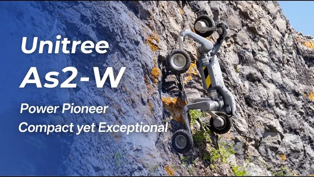 A wheel-legged robot climbing a near-vertical rock face on four wheeled limbs, seen from below against the sky, beside the overlaid title Unitree As2-W.