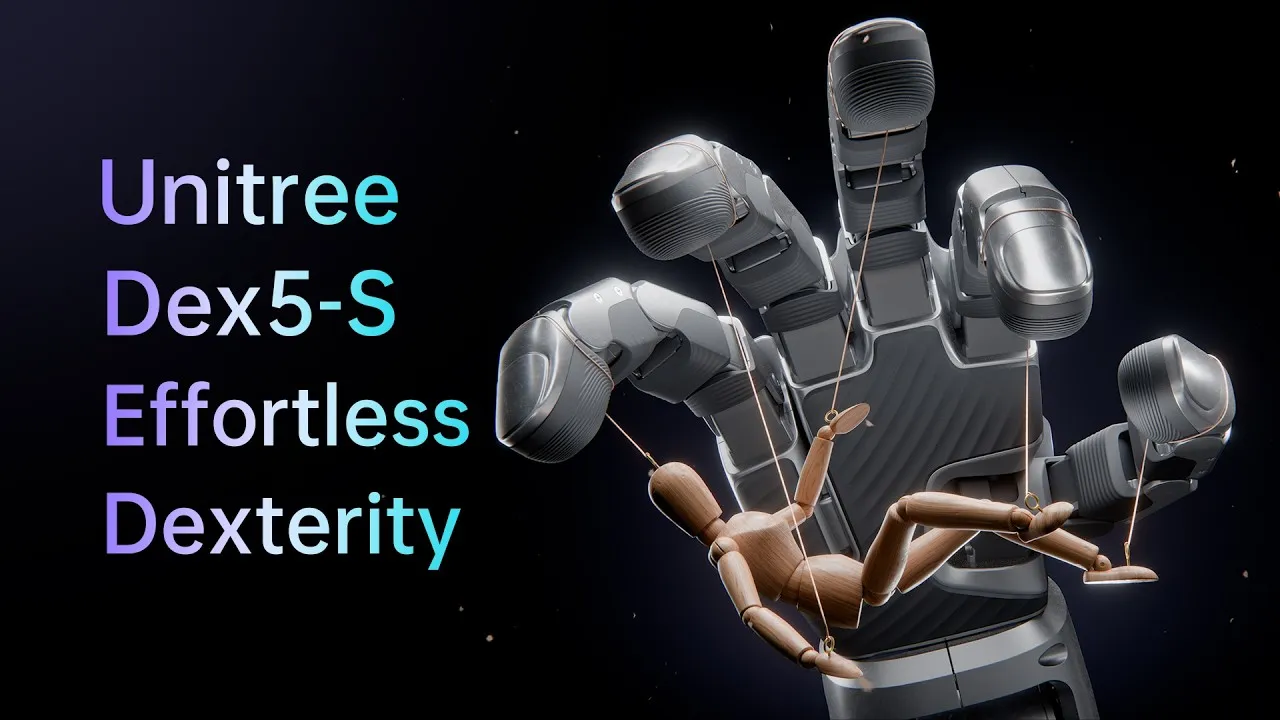 A rendered grey robotic hand with five jointed fingers holds a wooden artist mannequin on thin strings like a marionette, beside the words Unitree Dex5-S Effortless Dexterity on a dark background.