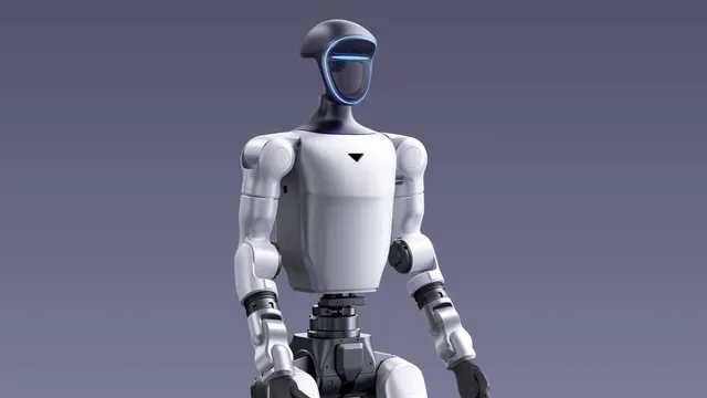 A white-and-black Unitree G1 humanoid robot standing upright, showing its helmet-style head with a glowing blue visor strip, articulated neck, torso, and shoulder and arm joints against a plain grey studio background.