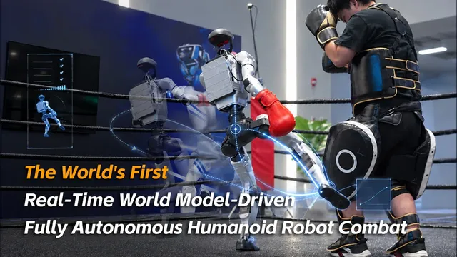 A white humanoid robot in a boxing ring extends a red glove toward a human sparring partner wearing body armour and gloves, with blue motion-trail graphics tracing the robot's limbs and a title caption reading "The World's First Real-Time World Model-Driven Fully Autonomous Humanoid Robot Combat".
