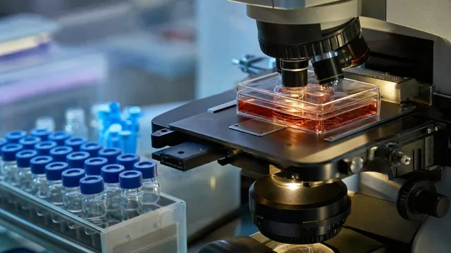 A laboratory microscope with a clear tissue-culture plate of red medium under its objective, a rack of blue-capped glass vials on the bench beside it.