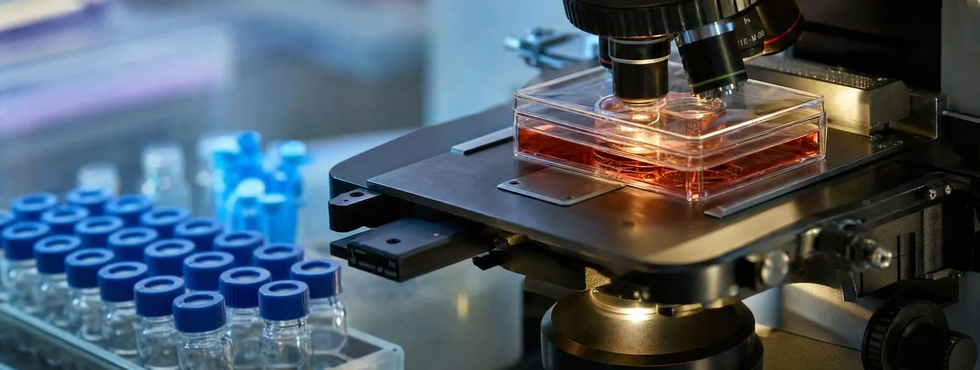 A laboratory microscope with a clear tissue-culture plate of red medium under its objective, a rack of blue-capped glass vials on the bench beside it.