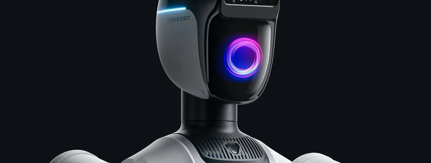 The head and torso of X Square Robot's white humanoid against black, a violet ring glowing where a face would be and the XR wordmark on its chest.