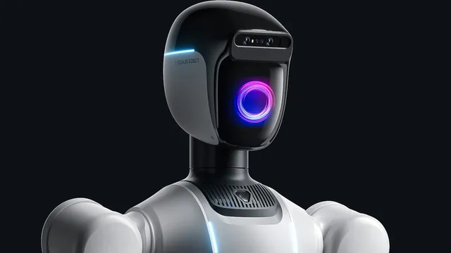 The head and torso of X Square Robot's white humanoid against black, a violet ring glowing where a face would be and the XR wordmark on its chest.