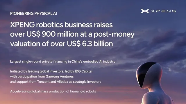 XPeng's announcement card: a white humanoid robot with a dark visor stands against a dusk sky beside the headline stating that the robotics business raised over US$900 million at a post-money valuation above US$6.3 billion.