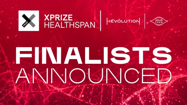 A deep red announcement card carrying the XPRIZE Healthspan, Hevolution and Solve FSHD logos above the words FINALISTS ANNOUNCED, over a faint pattern of DNA strands.